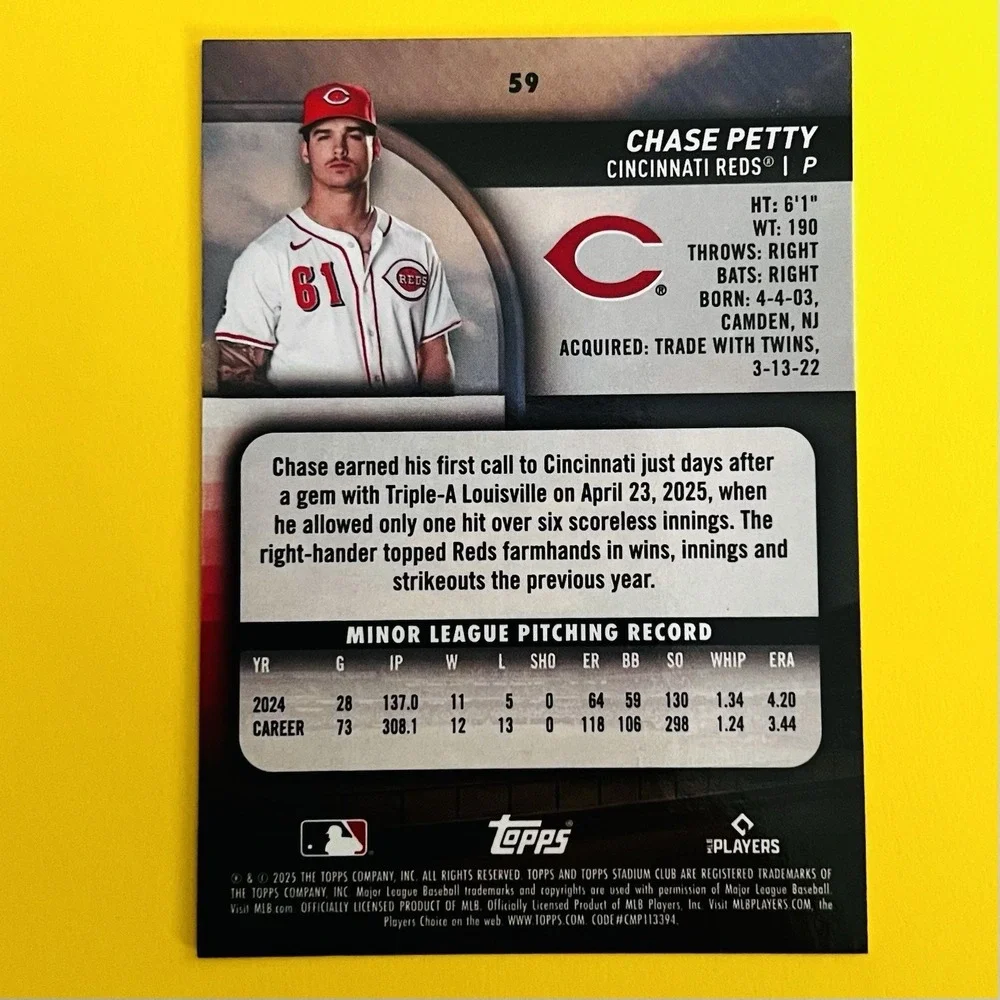 2025 Topps Stadium Club Chase Petty RC #59 Cincinnati Reds Rookie‎ Card